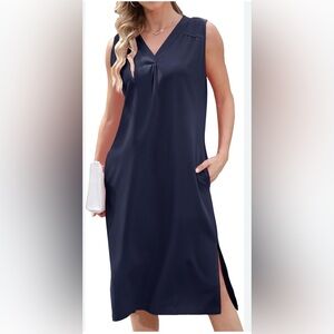 NEW Navy Blue Career Sleeveless V Neck Midi Dress w/ Pockets L